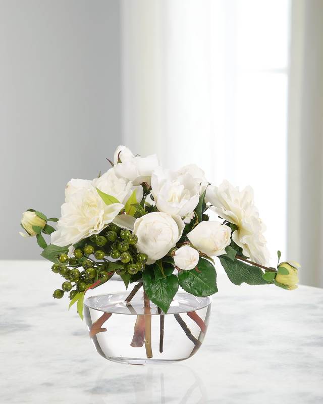 Dahlias & Roses 13" Faux Floral Arrangement in Glass Vase